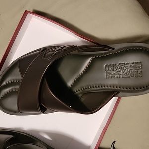 Salvatore Ferragamo Men's "PEGASO" Hickory Leather Sandals Flip Flops Shoes